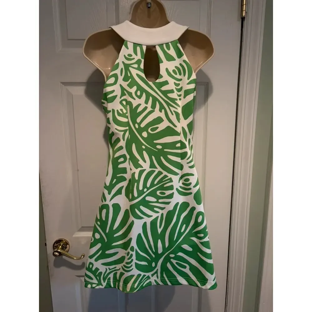 CK‎ Bradley Green Palm Print Halter Dress Size S Tropical Resort Keyhole Coastal